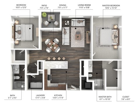 Floor plan for 2 beds, 2 baths, 1085 sqft